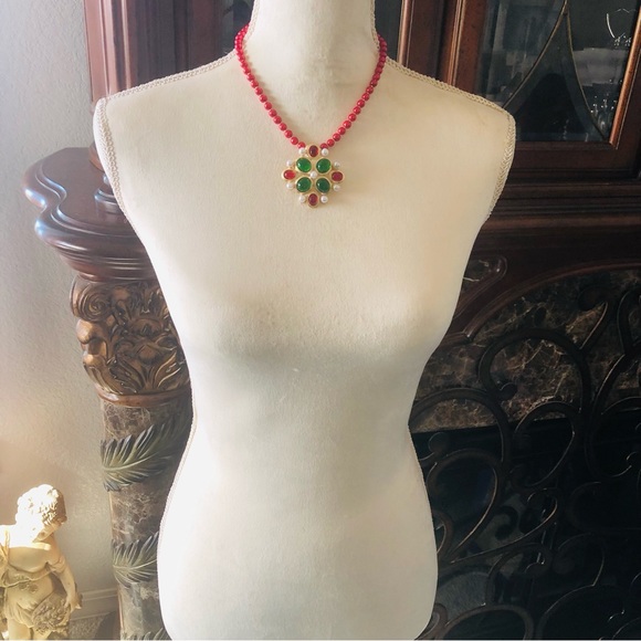 Handcrafted repurpose cabochon glass stone pendant Czech glass Pearl necklace - Picture 6 of 12